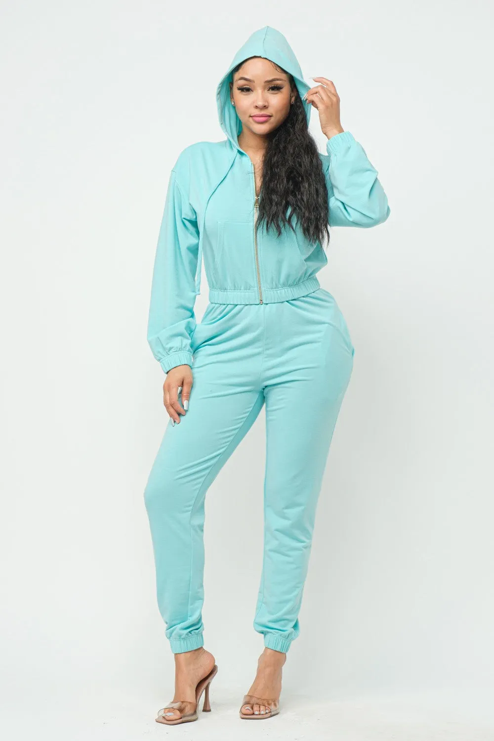 Tiffany Blue French Terry Cropped Zip-up Hoodie Jogger Set