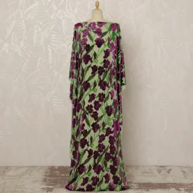 Traditional Somali Dirac Silk Blended Velvet Chiffon Fabric in Green and Purple Floral Design, 3.5 Meters, 140 cm Width-D20596