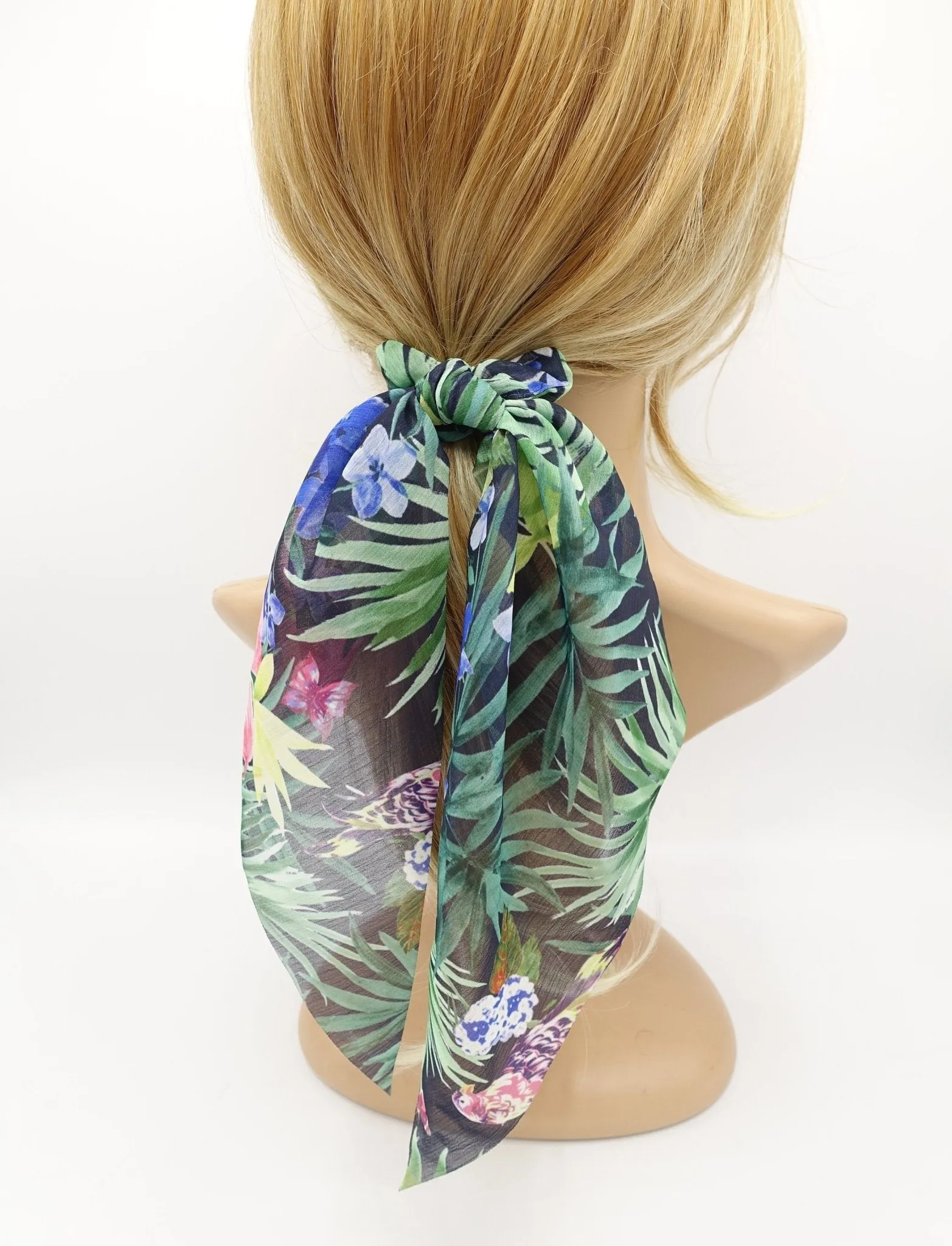 tropical colorful print chiffon tail knot scrunchies plant flower hair elastic scrunchy