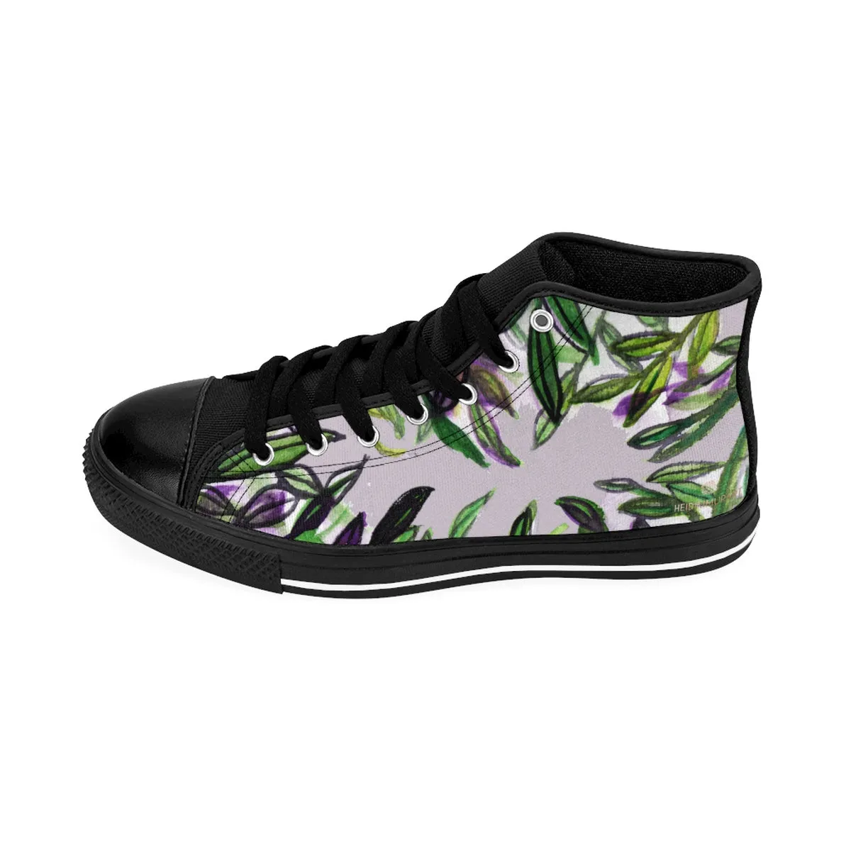 Tropical Men's High Tops, Light Gray Green Tropical Leaf Print High-top Sneakers Tennis Shoes