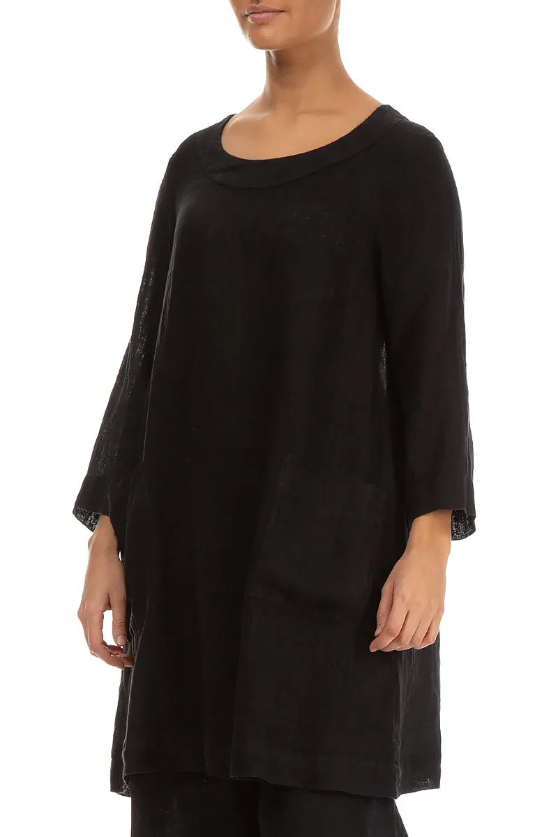 Two Pockets Black Gauze Linen Tunic