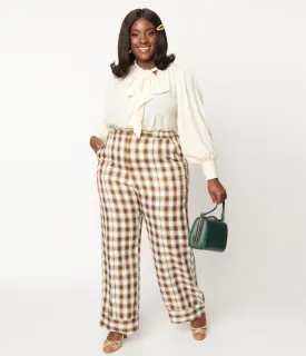 Unique Vintage Plus Size 1940s Brown & Ivory Plaid Wide Cuff Pants