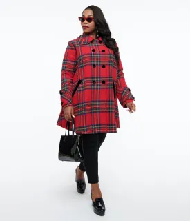 Unique Vintage Plus Size 1960s Red Plaid Peacoat