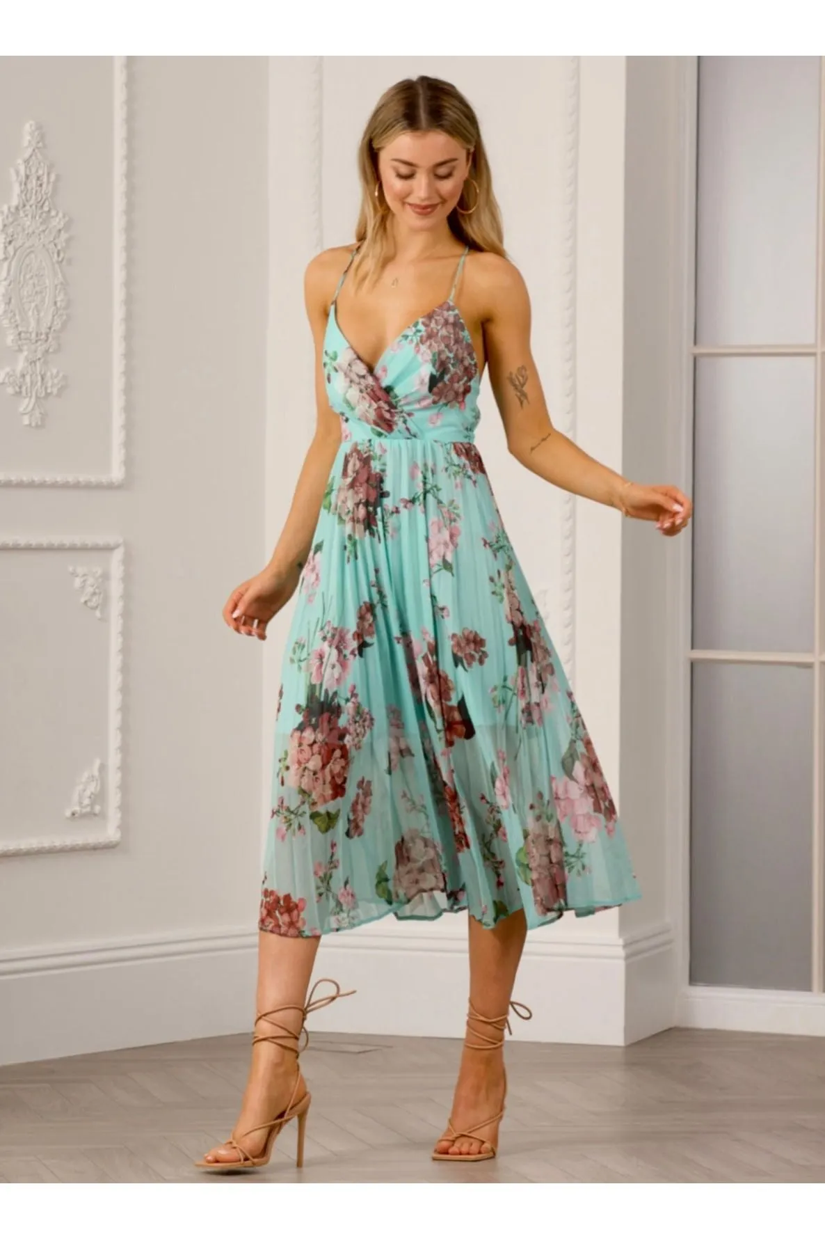 Urban Touch Floral Print Pleated Wrap Body Midi Dress