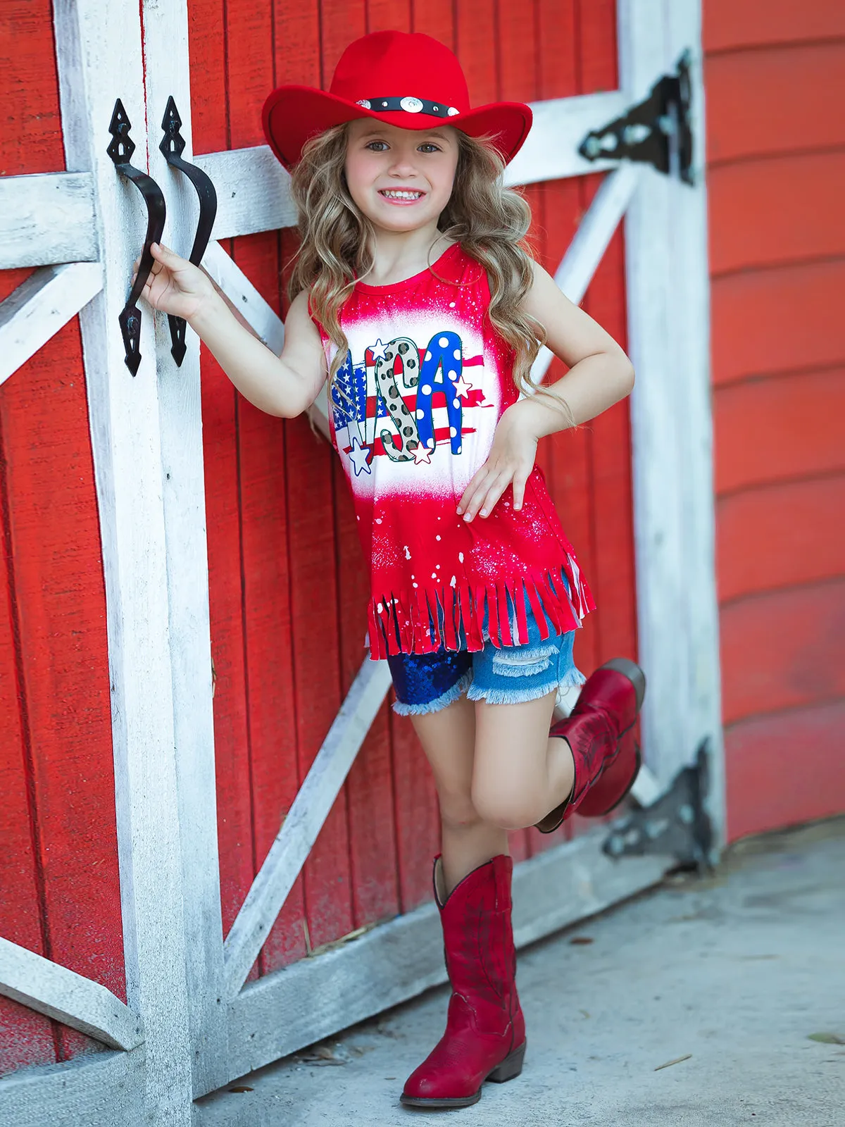 USA Sparkle Sequin Denim Shorts Set