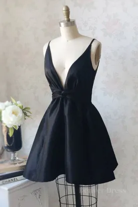 V Neck and V Back Black Satin Short Prom Homecoming Dress, V Neck Black Formal Graduation Evening Dress, Black Cocktail Dress