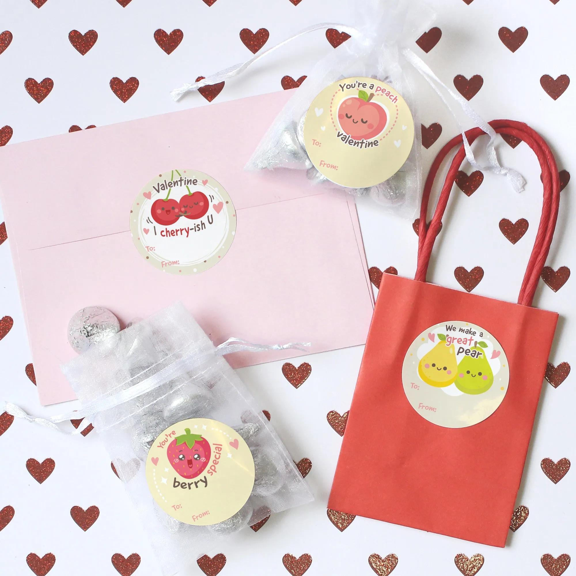 Valentine's Day Treat Stickers: Cute Fruit - 40 Circle Stickers