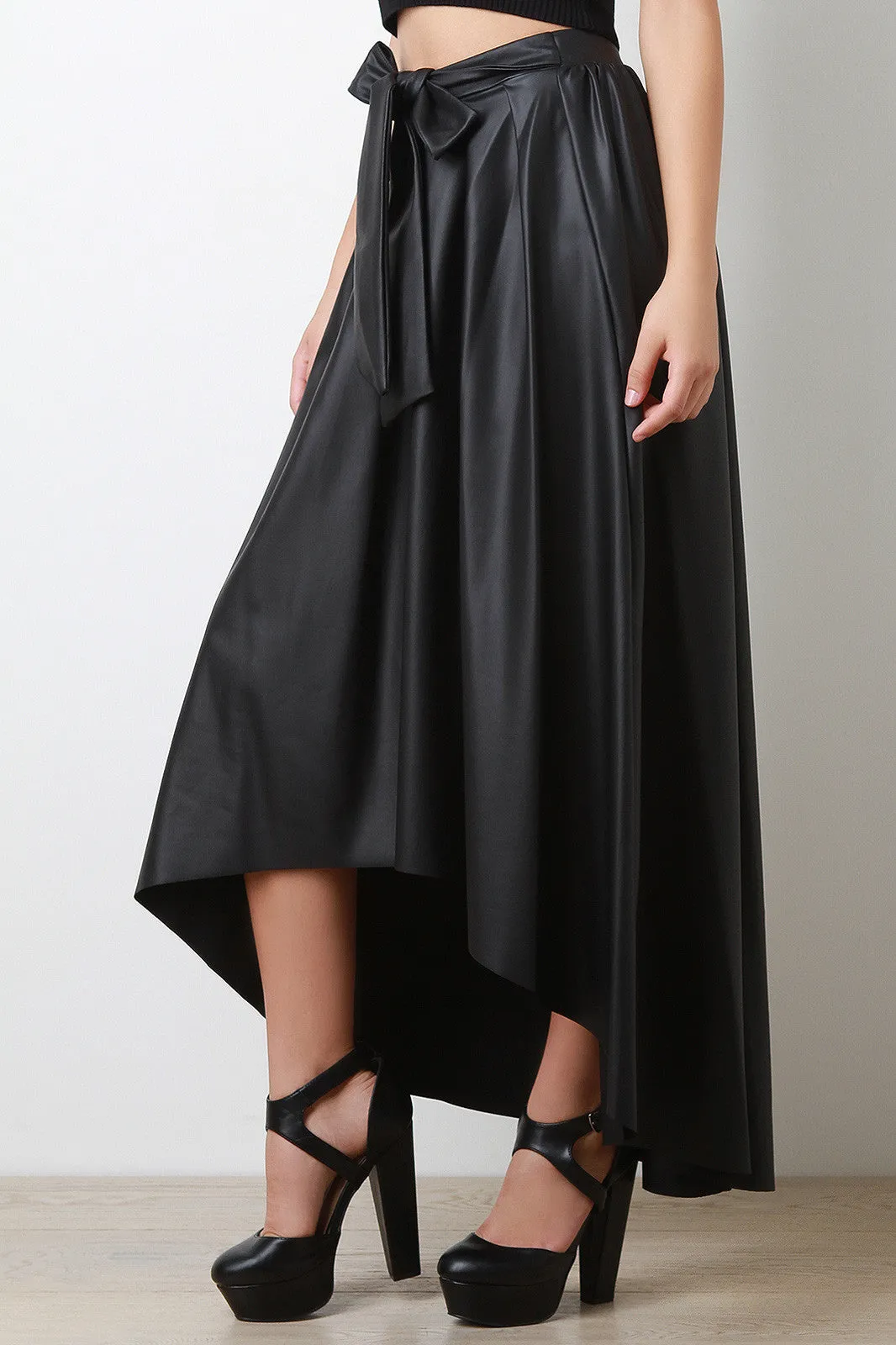 Vegan Leather Pleated High-Low Bow Skirt