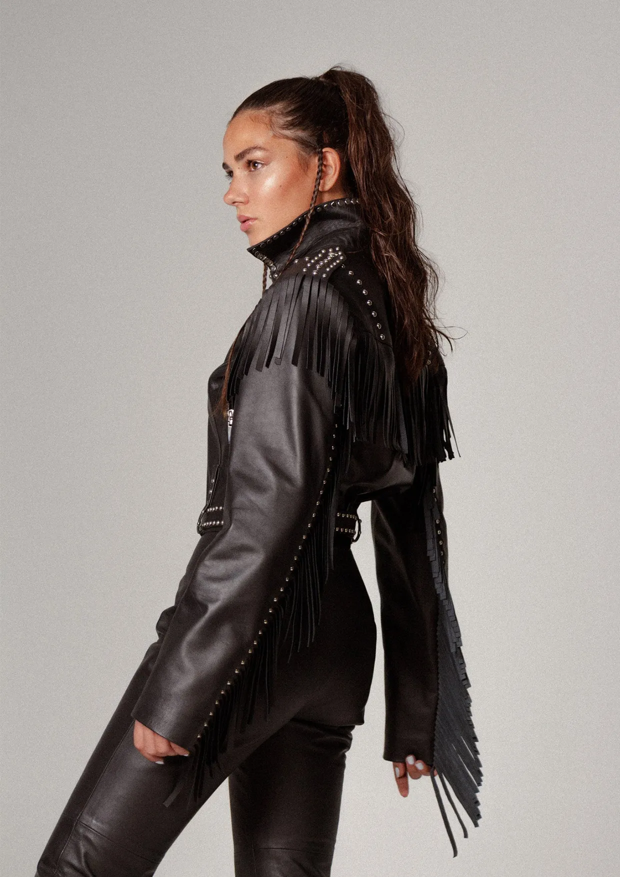 Venus Fringed Studded Cropped Leather Jacket