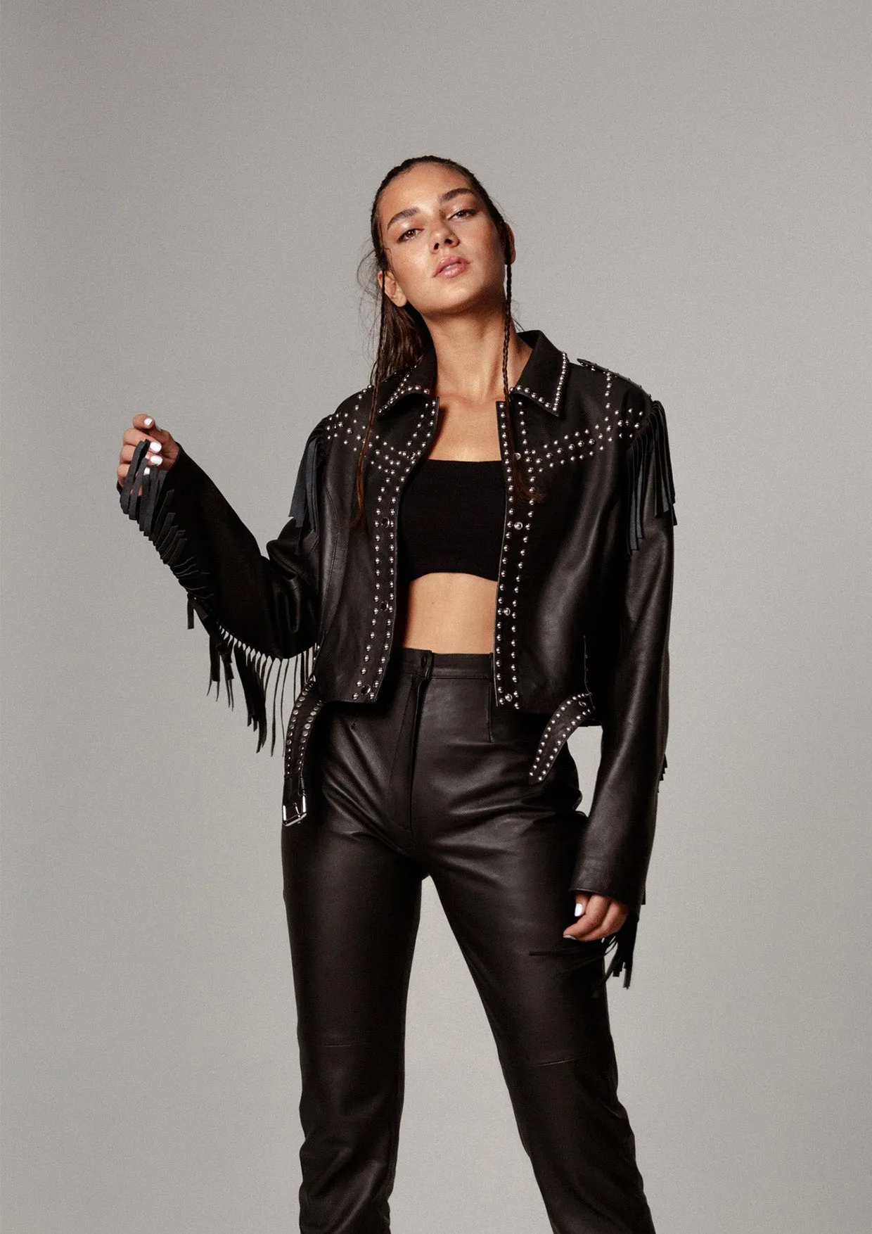 Venus Fringed Studded Cropped Leather Jacket