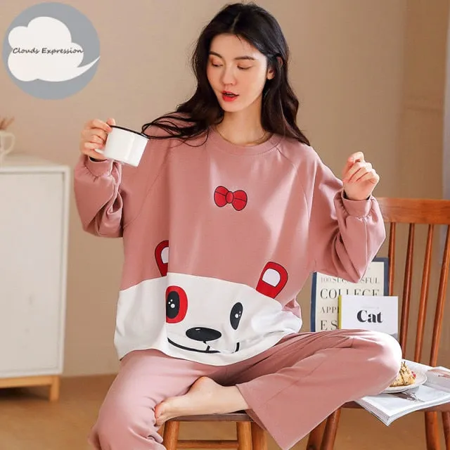 VenusFox Women's Sleep Lounge Pajama Long Sleeved Woman Pajama Set Cartoon Pajamas Cotton Sleepwear