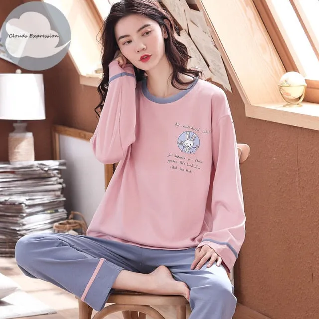 VenusFox Women's Sleep Lounge Pajama Long Sleeved Woman Pajama Set Cartoon Pajamas Cotton Sleepwear