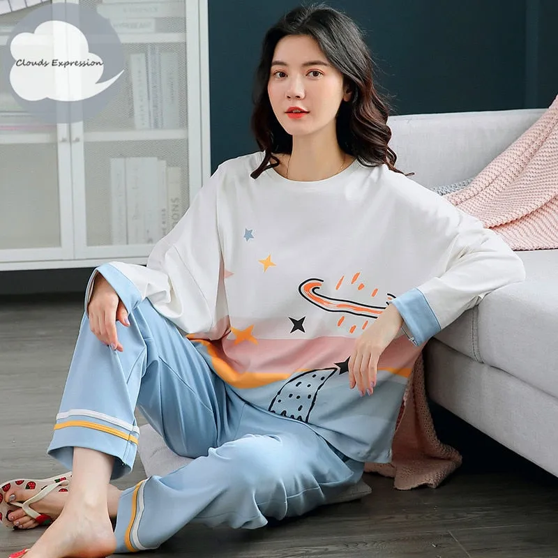 VenusFox Women's Sleep Lounge Pajama Long Sleeved Woman Pajama Set Cartoon Pajamas Cotton Sleepwear