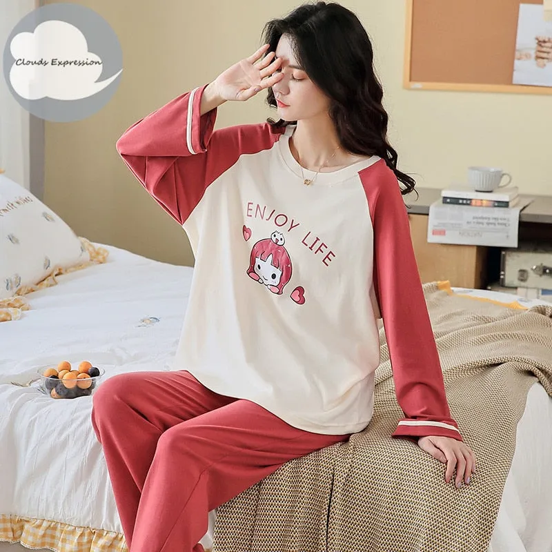 VenusFox Women's Sleep Lounge Pajama Long Sleeved Woman Pajama Set Cartoon Pajamas Cotton Sleepwear