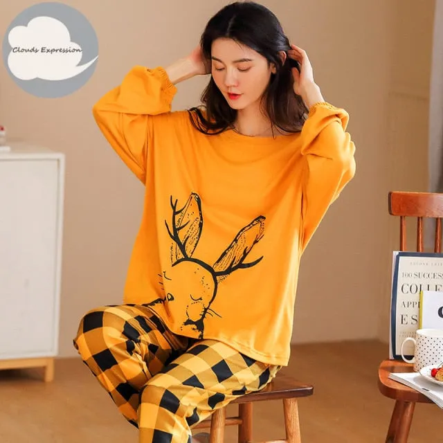 VenusFox Women's Sleep Lounge Pajama Long Sleeved Woman Pajama Set Cartoon Pajamas Cotton Sleepwear