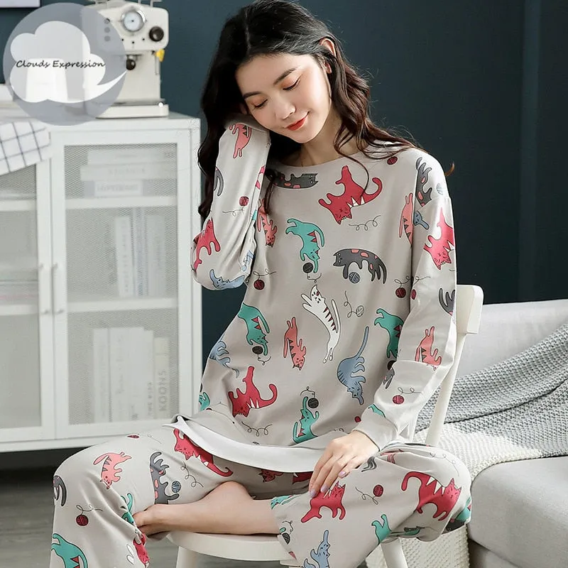 VenusFox Women's Sleep Lounge Pajama Long Sleeved Woman Pajama Set Cartoon Pajamas Cotton Sleepwear