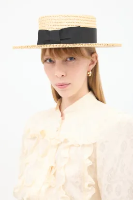 Vintage Beige & Black Bow Boater Hat