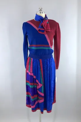 Vintage Blue Silk Sweater & Skirt Set