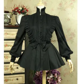 Vintage Cascading Ruffles Women's Lantern Sleeve Black Lolita Blouse with Bow