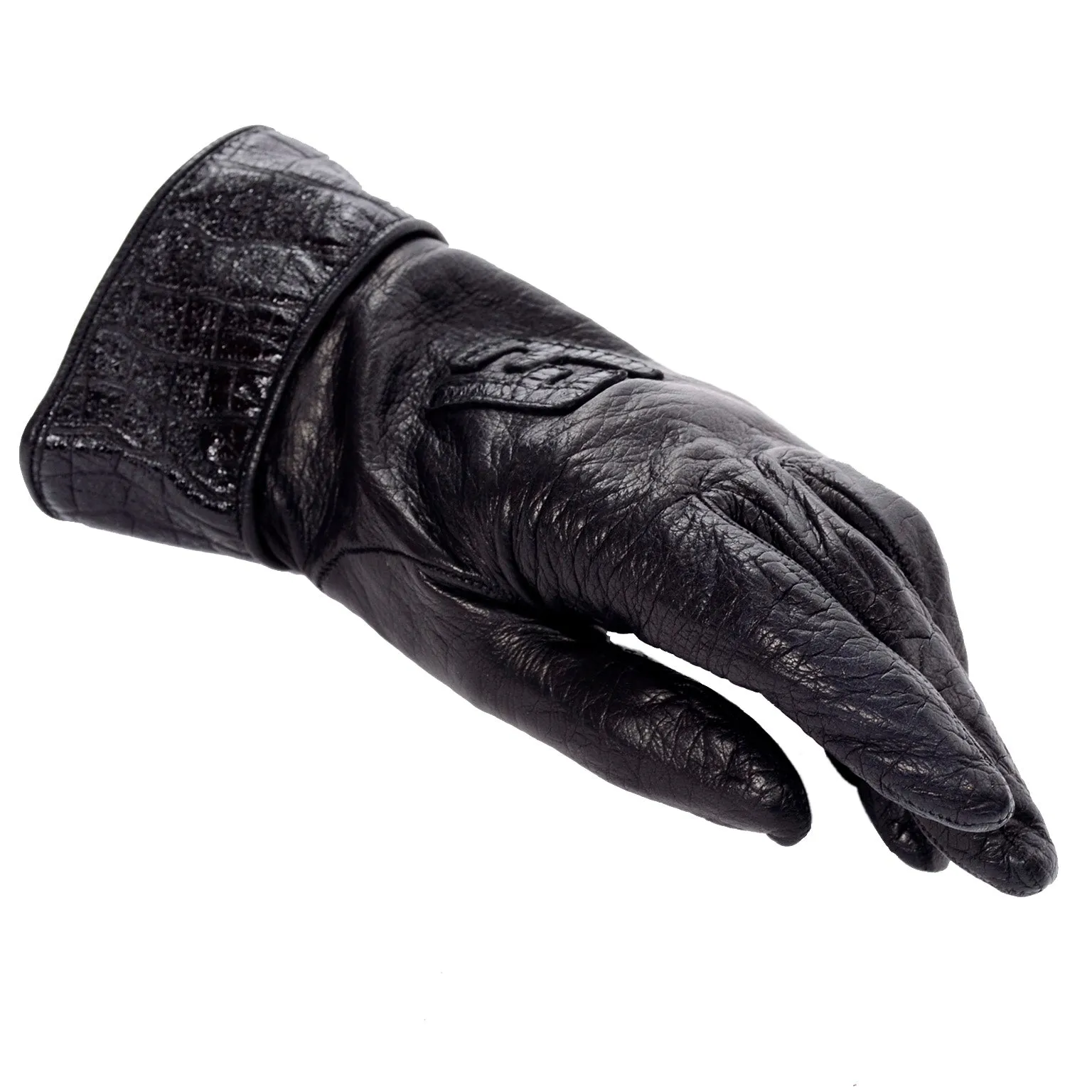 Vintage Fendi Black Leather Ladies Gauntlet Gloves