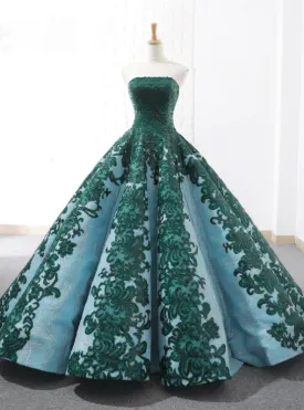 Vintage Green Ball Gown Appliques Sequins Strapless Wedding Dress