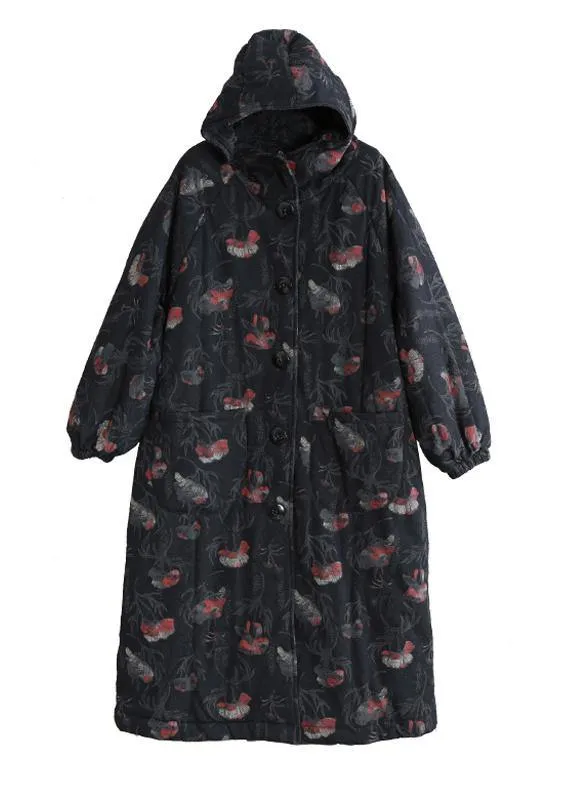 vintage oversize trench coat dark gray print hooded Button Down Woolen Coats