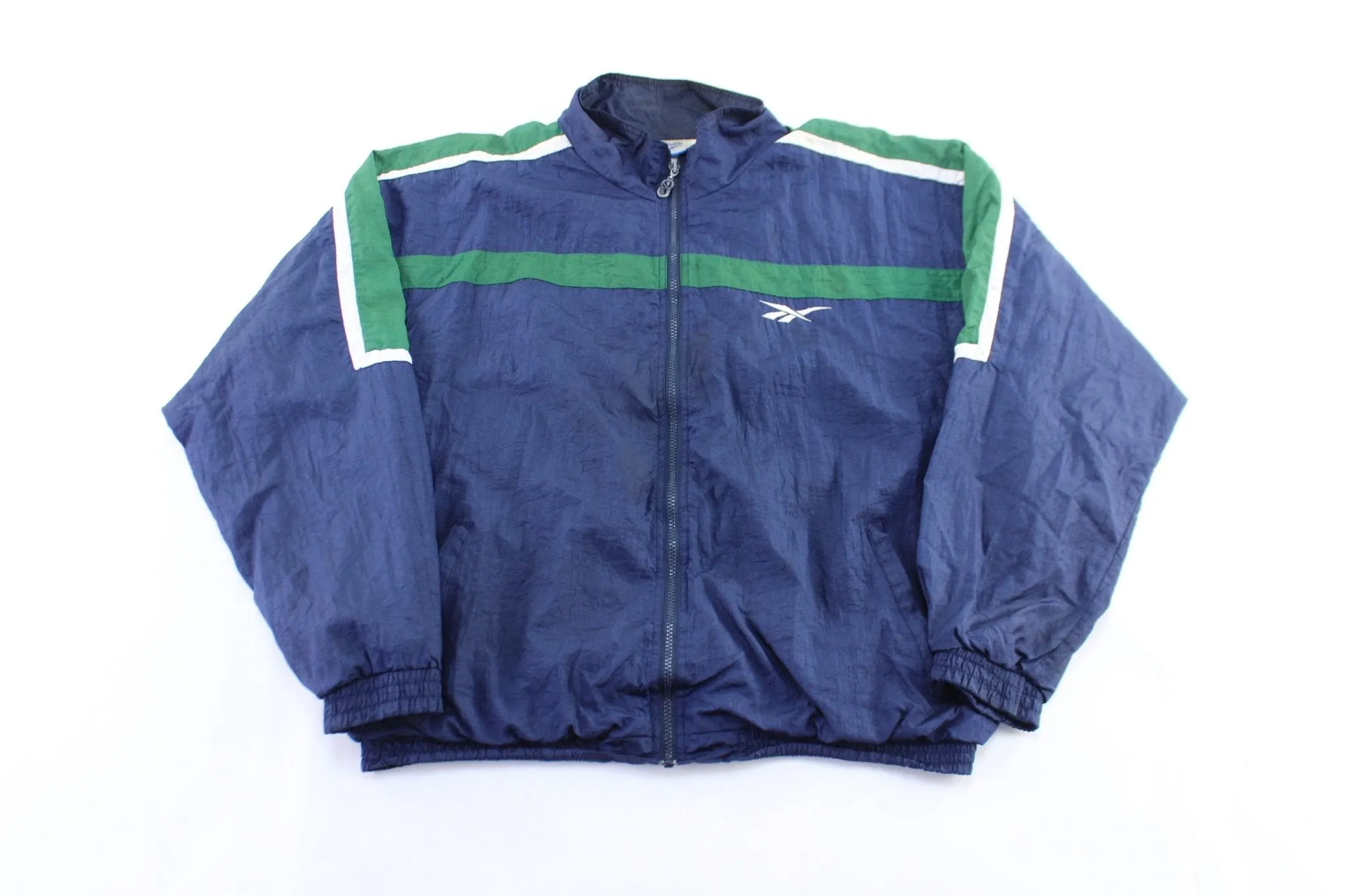 Vintage Reebok Embroidered Logo Blue, Green, & White Zip Up Jacket