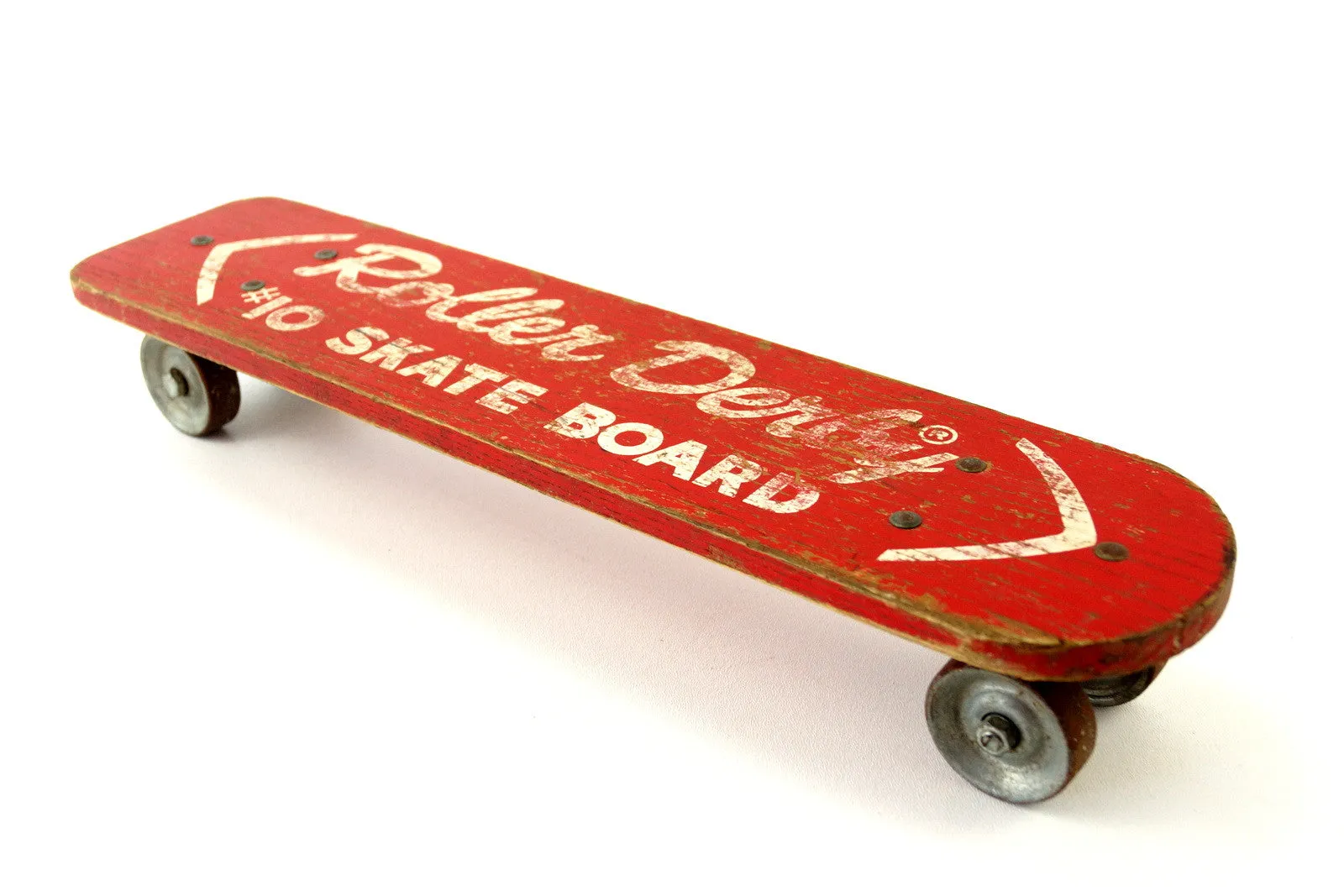 Vintage Roller Derby Wood Skateboard in Red with Steel Wheels (c.1950s)