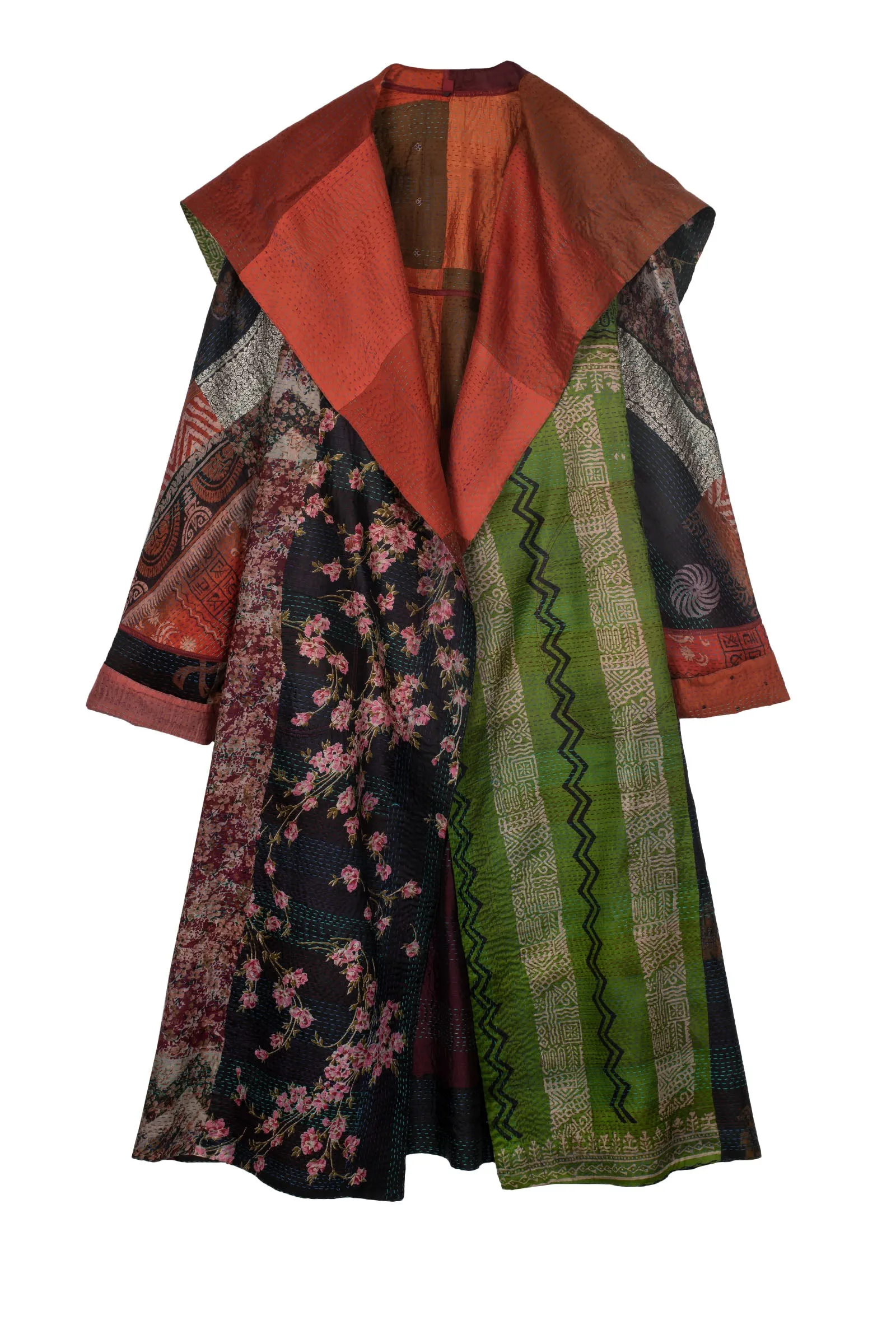 VINTAGE SILK PATCH KANTHA A-LINE LONG COAT