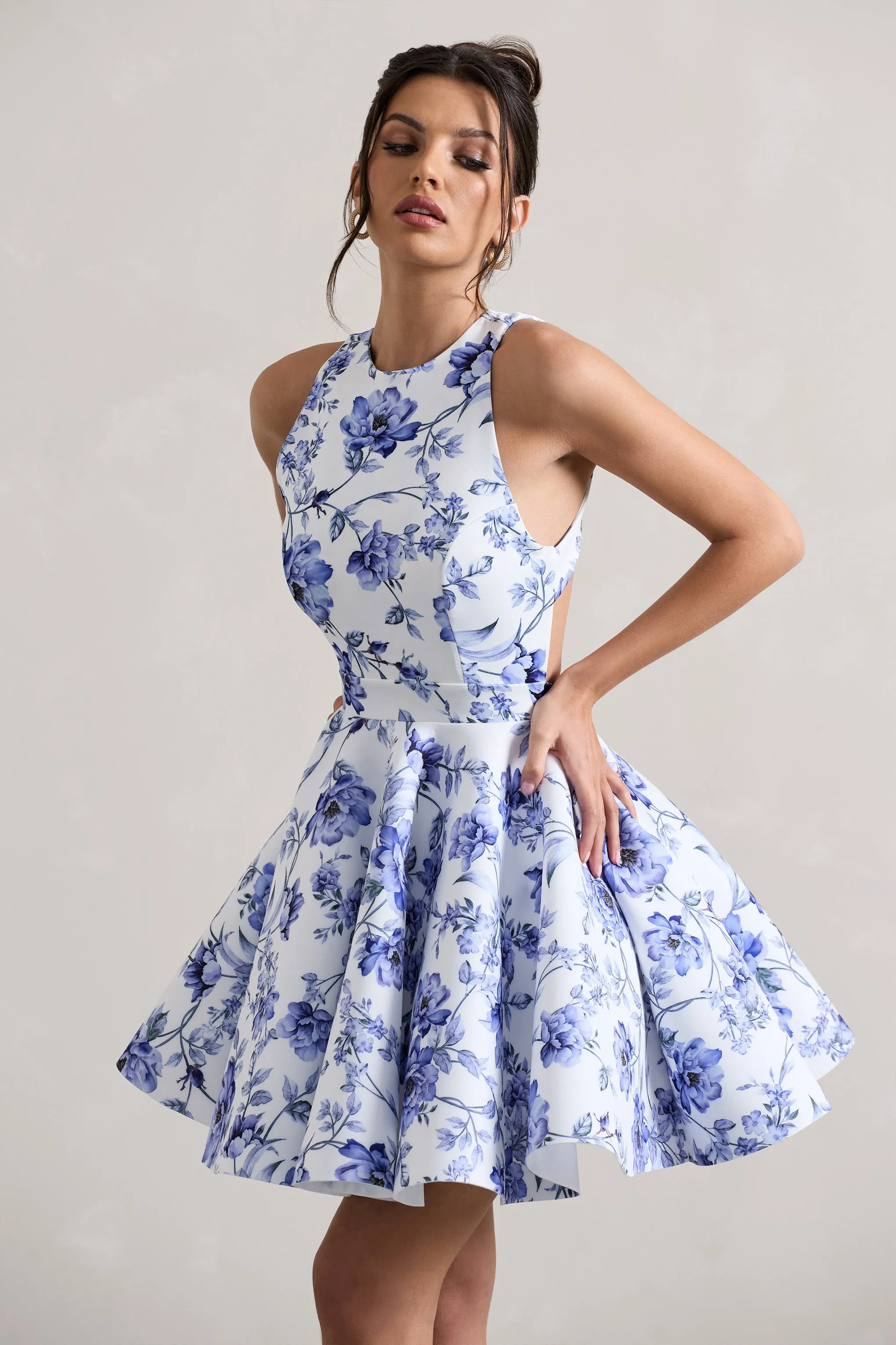 Waverly | Blue Floral Racer-Neck Sleeveless Skater Mini Dress