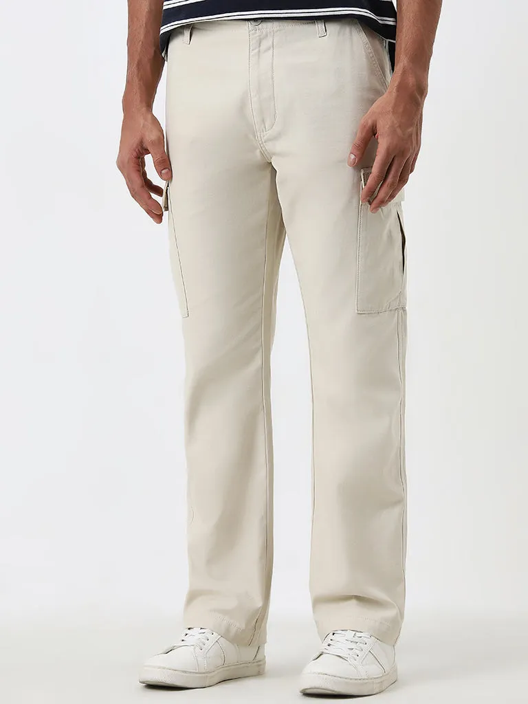 WES Casuals Beige Relaxed-Fit Mid-Rise Cotton Blend Chinos