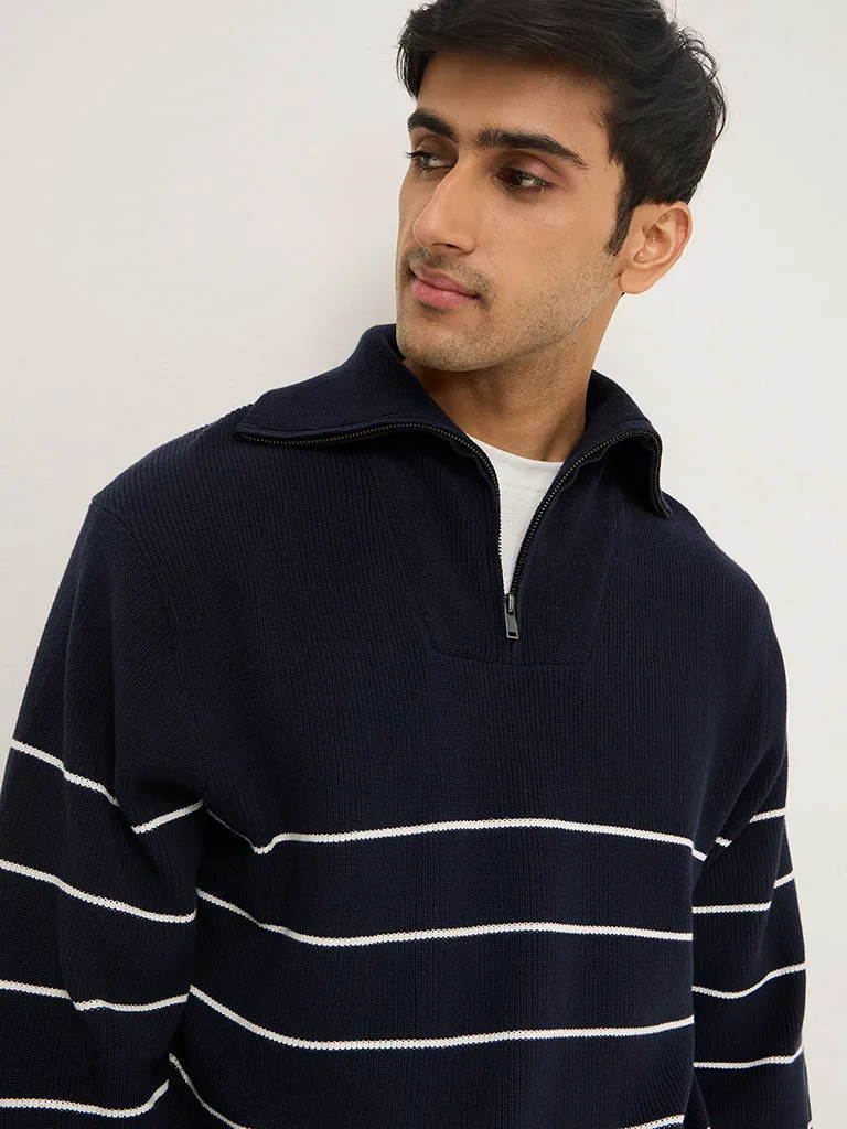 WES Casuals Navy Knitted Relaxed-Fit Cotton Sweater