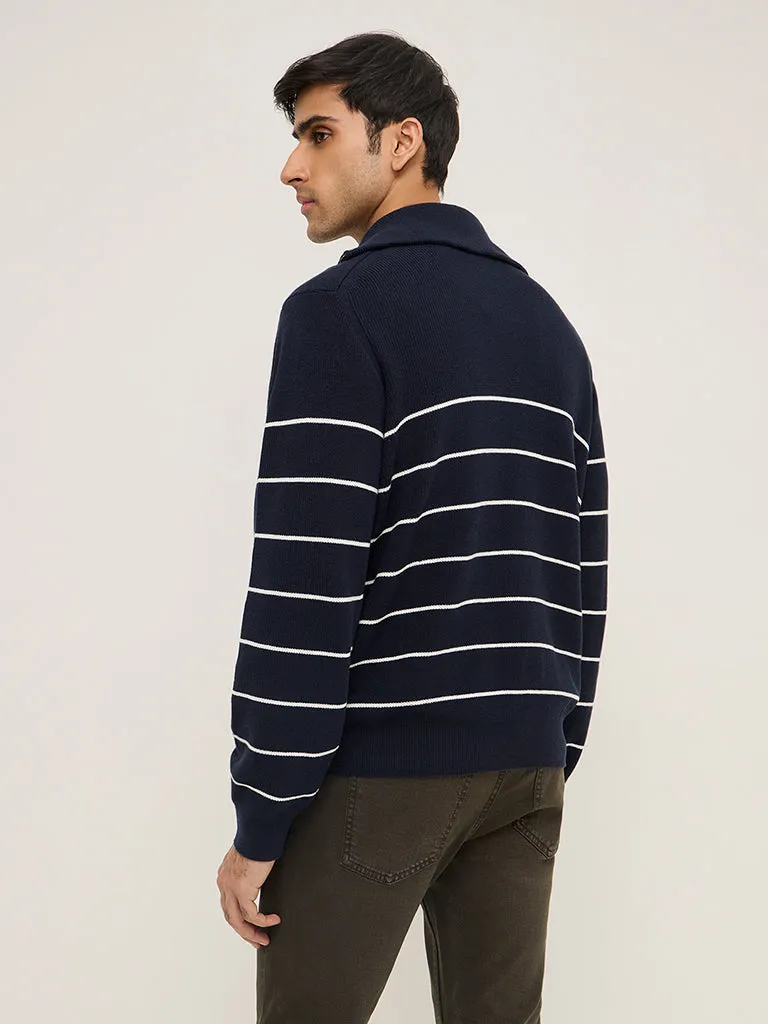 WES Casuals Navy Knitted Relaxed-Fit Cotton Sweater