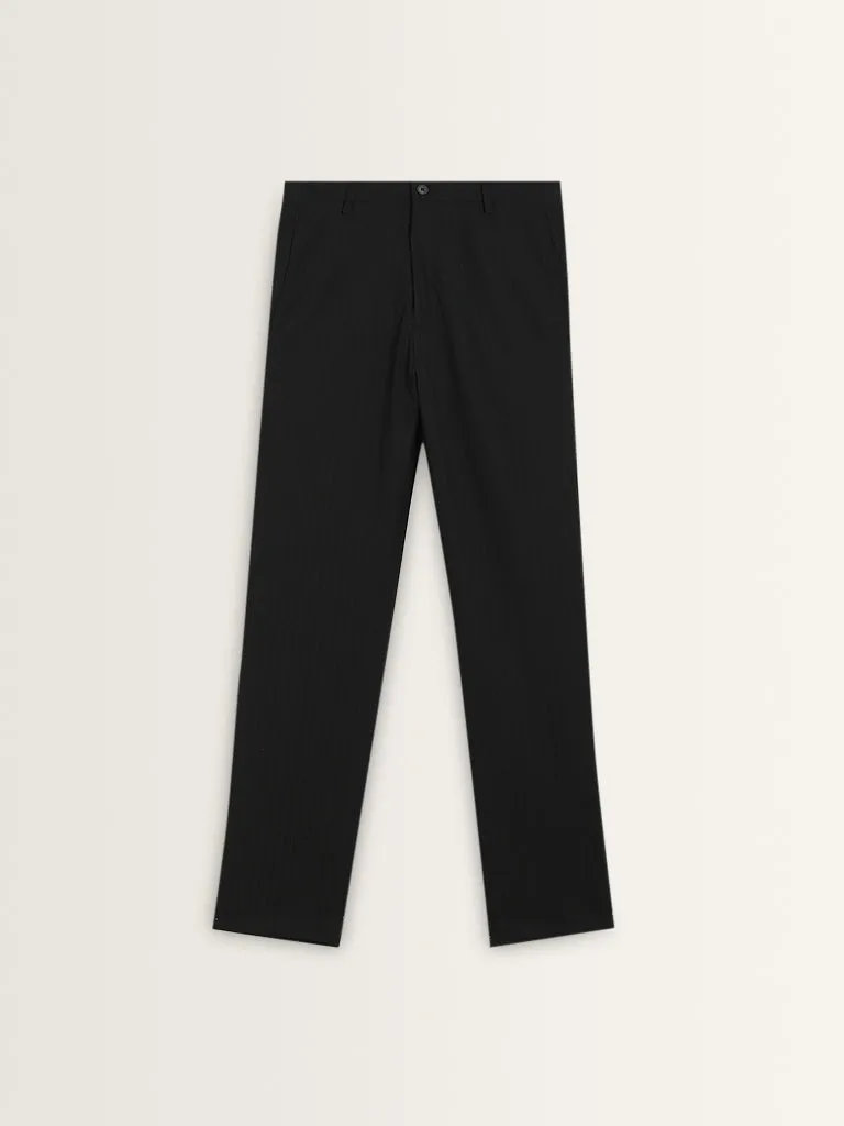 WES Formals Black Striped Slim-Tapered Mid-Rise Trousers