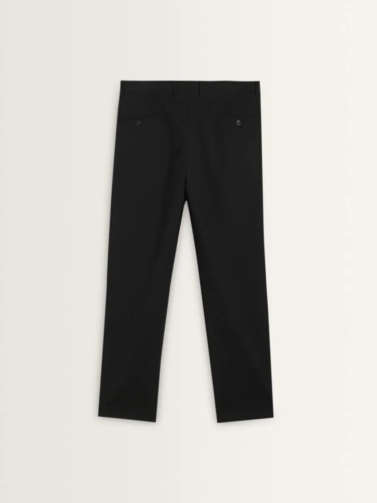 WES Formals Black Striped Slim-Tapered Mid-Rise Trousers