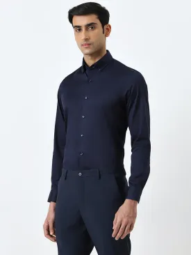 WES Formals Navy Solid Slim-Fit Cotton Blend Shirt