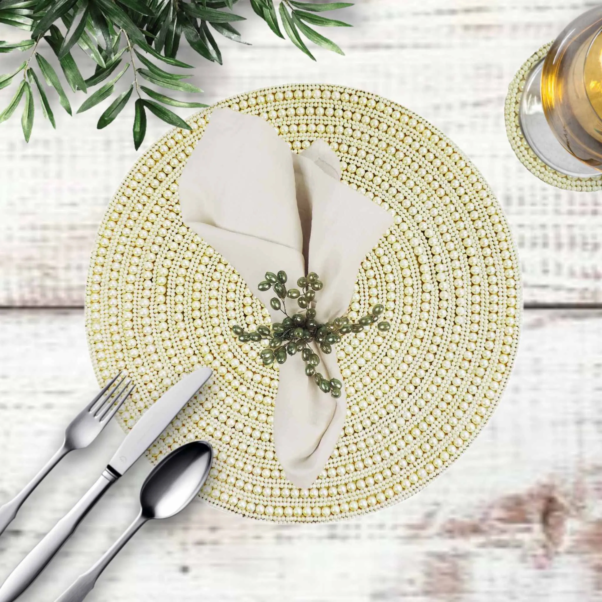 Whirl Bead Embroidered Placemat in Cream, Set of 2