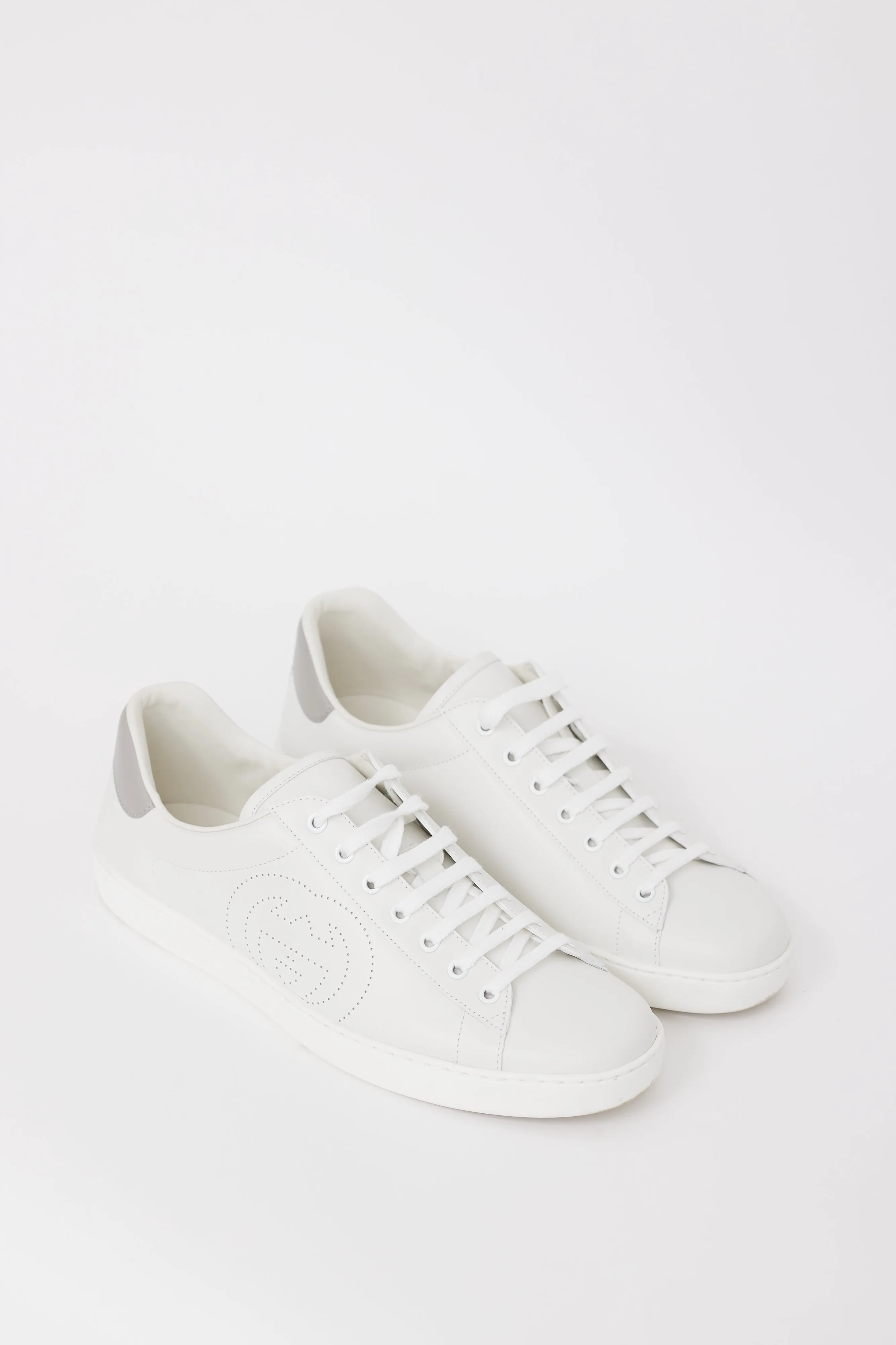 White & Grey Leather Ace Interlocking GG Sneaker