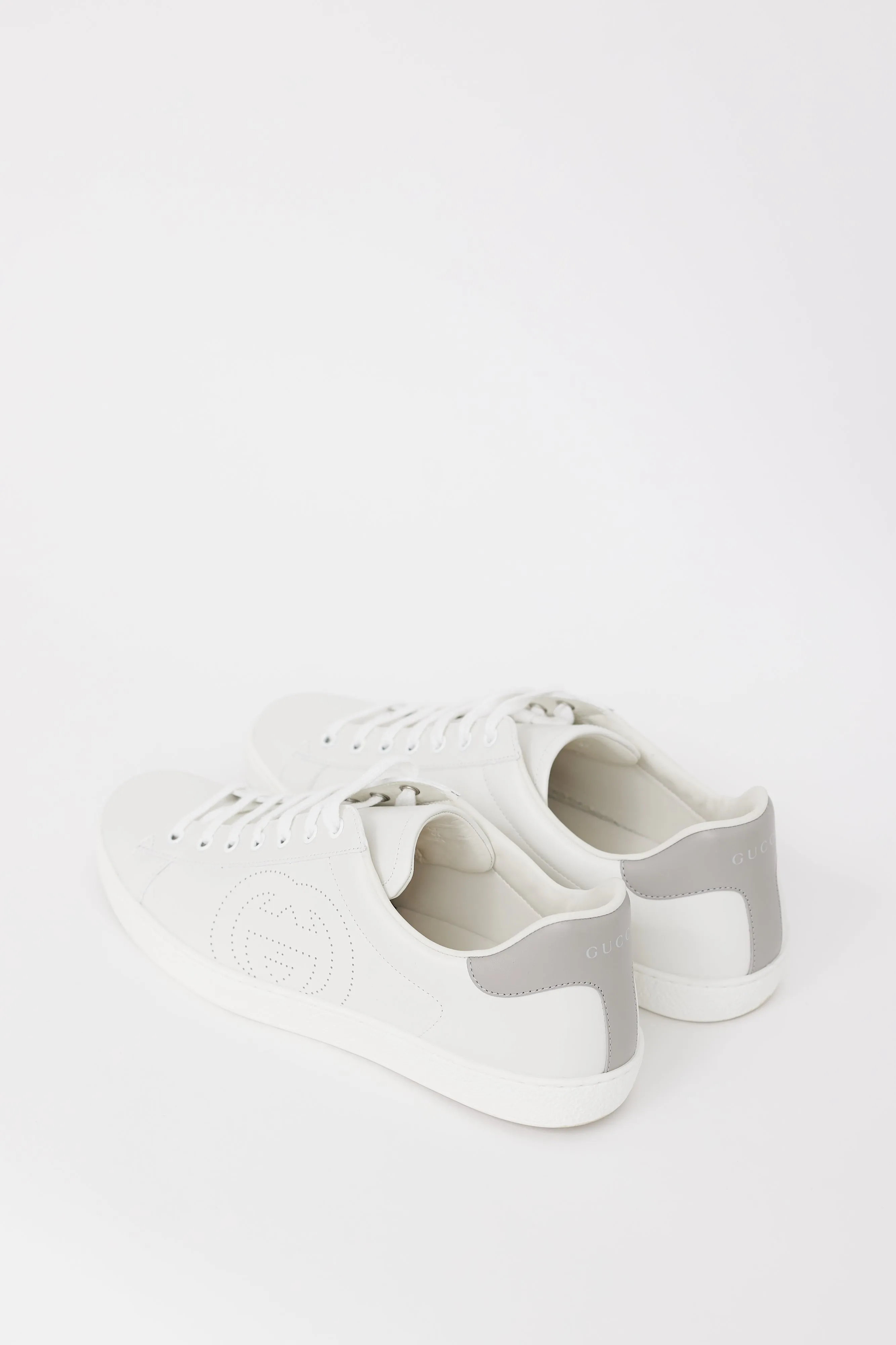 White & Grey Leather Ace Interlocking GG Sneaker