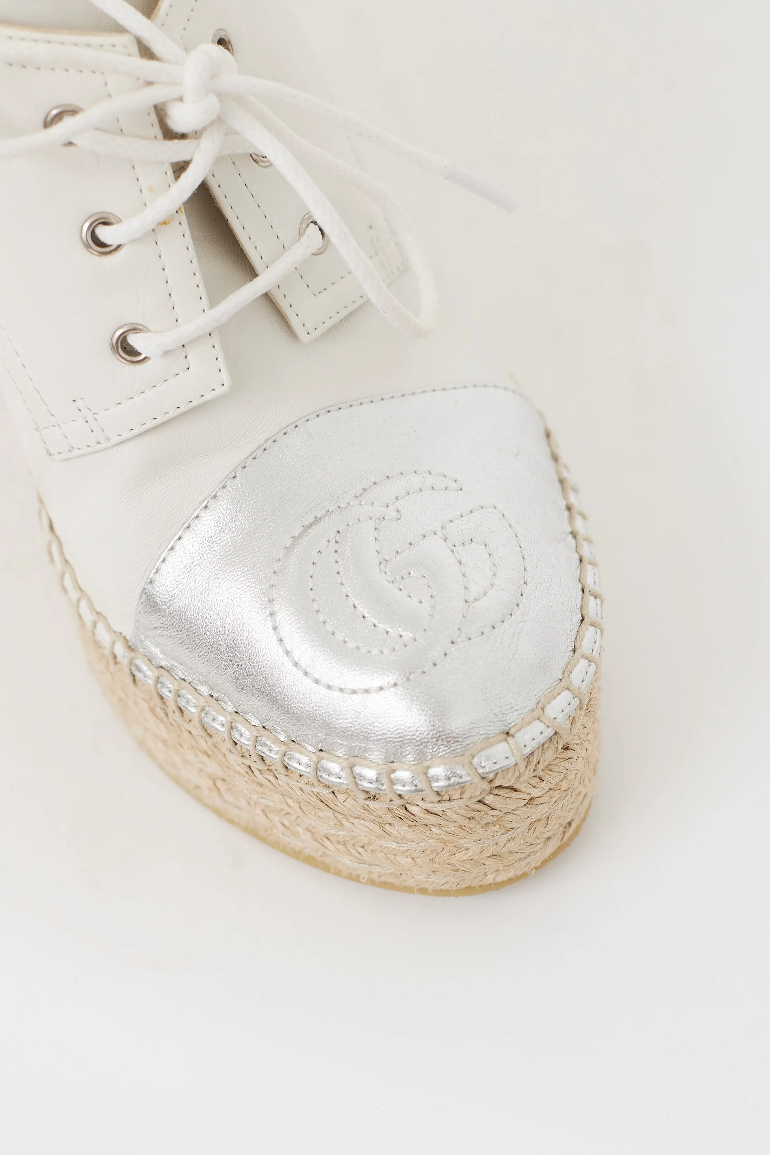 White & Silver Leather GG Pilar Wedge Heel