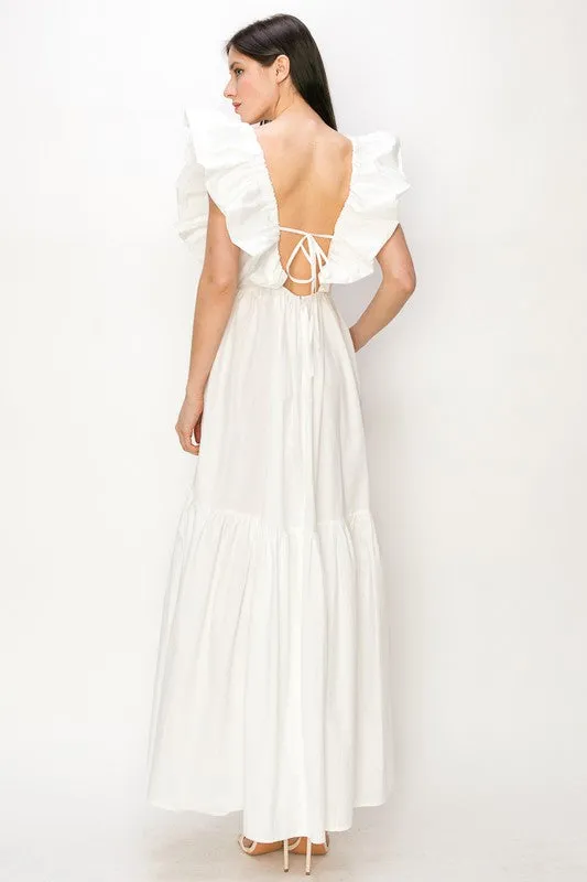 White Cotton Ruffle Shoulder Tiered Sleeve Maxi Dress