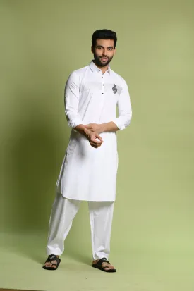 White Cotton Satin Slim Fit Pathani Set