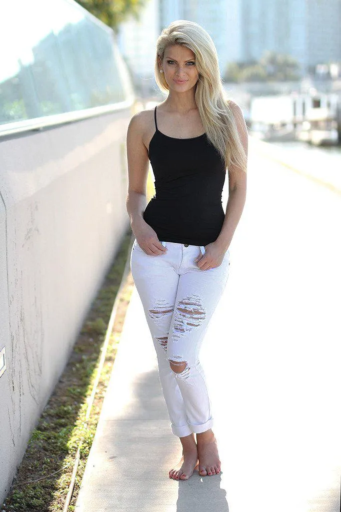 White Distressed Capri Jeans