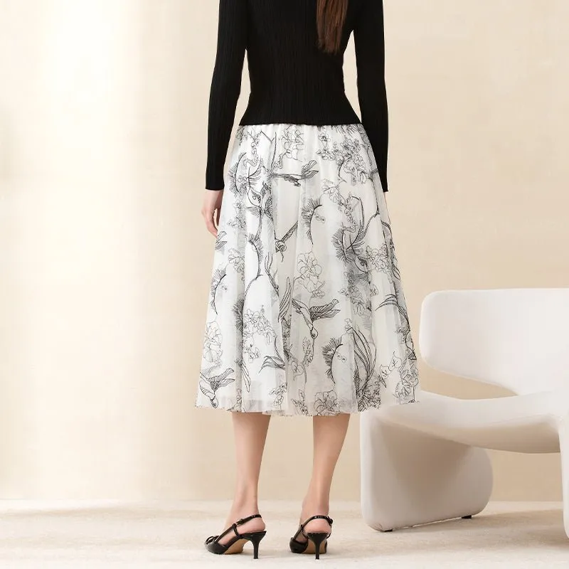 White Midi Skirts Flower Bird Pattern