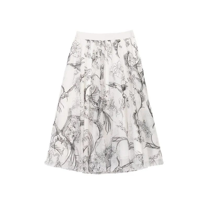 White Midi Skirts Flower Bird Pattern