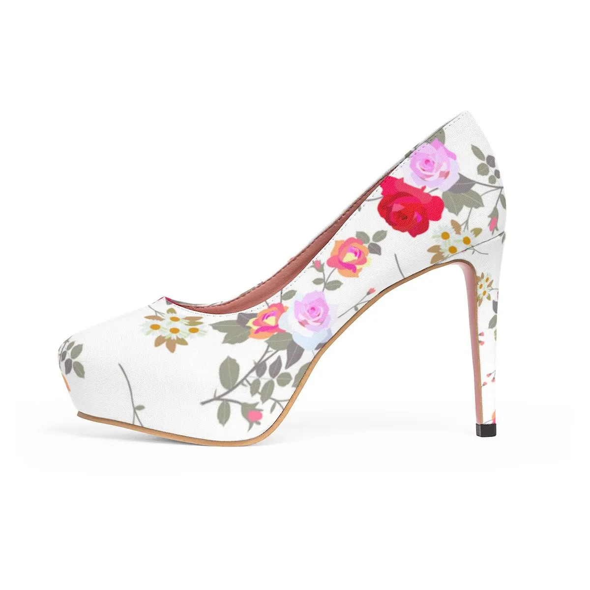 White Mixed Floral Print Designer Women's Platform Heels Platform Heels (US Size: 5-11)