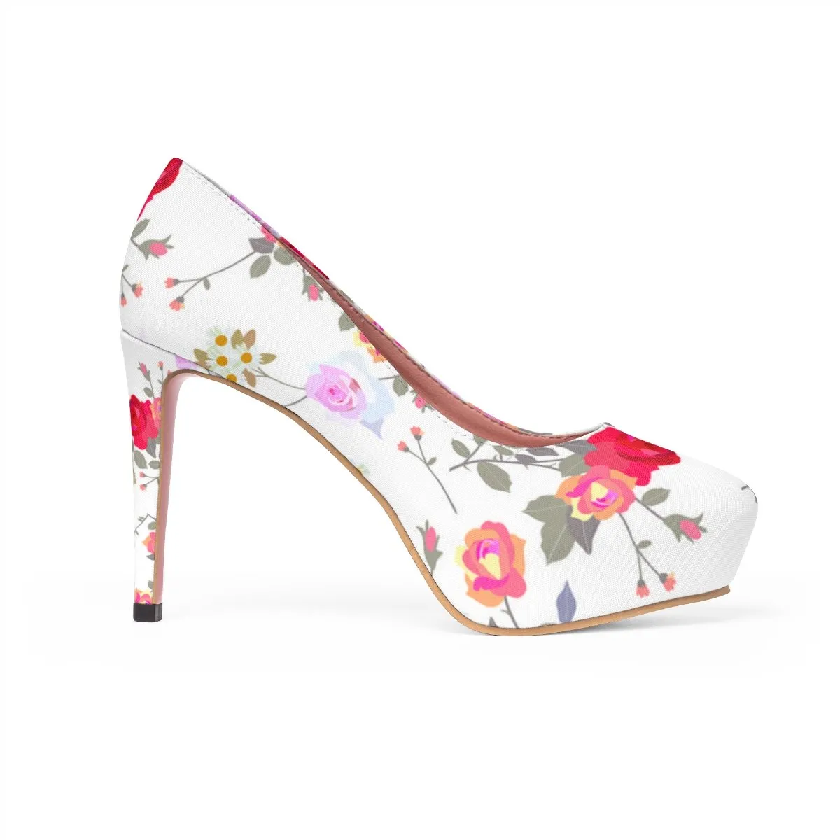 White Mixed Floral Print Designer Women's Platform Heels Platform Heels (US Size: 5-11)