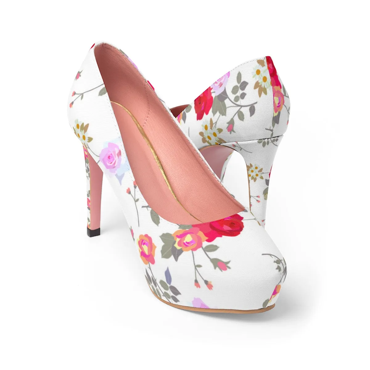 White Mixed Floral Print Designer Women's Platform Heels Platform Heels (US Size: 5-11)