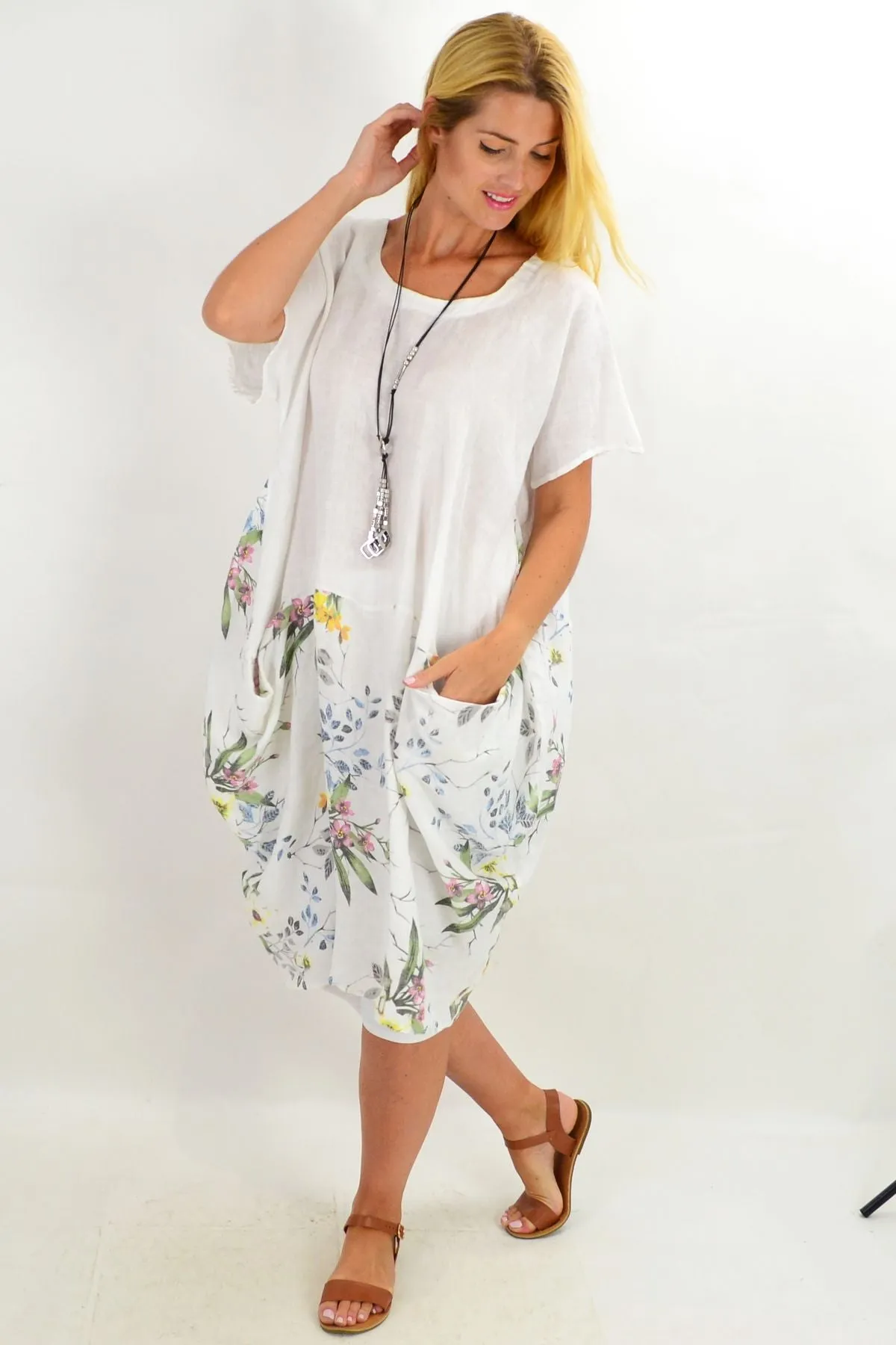 White Native Flower Sleeve Linen Tunic Dress