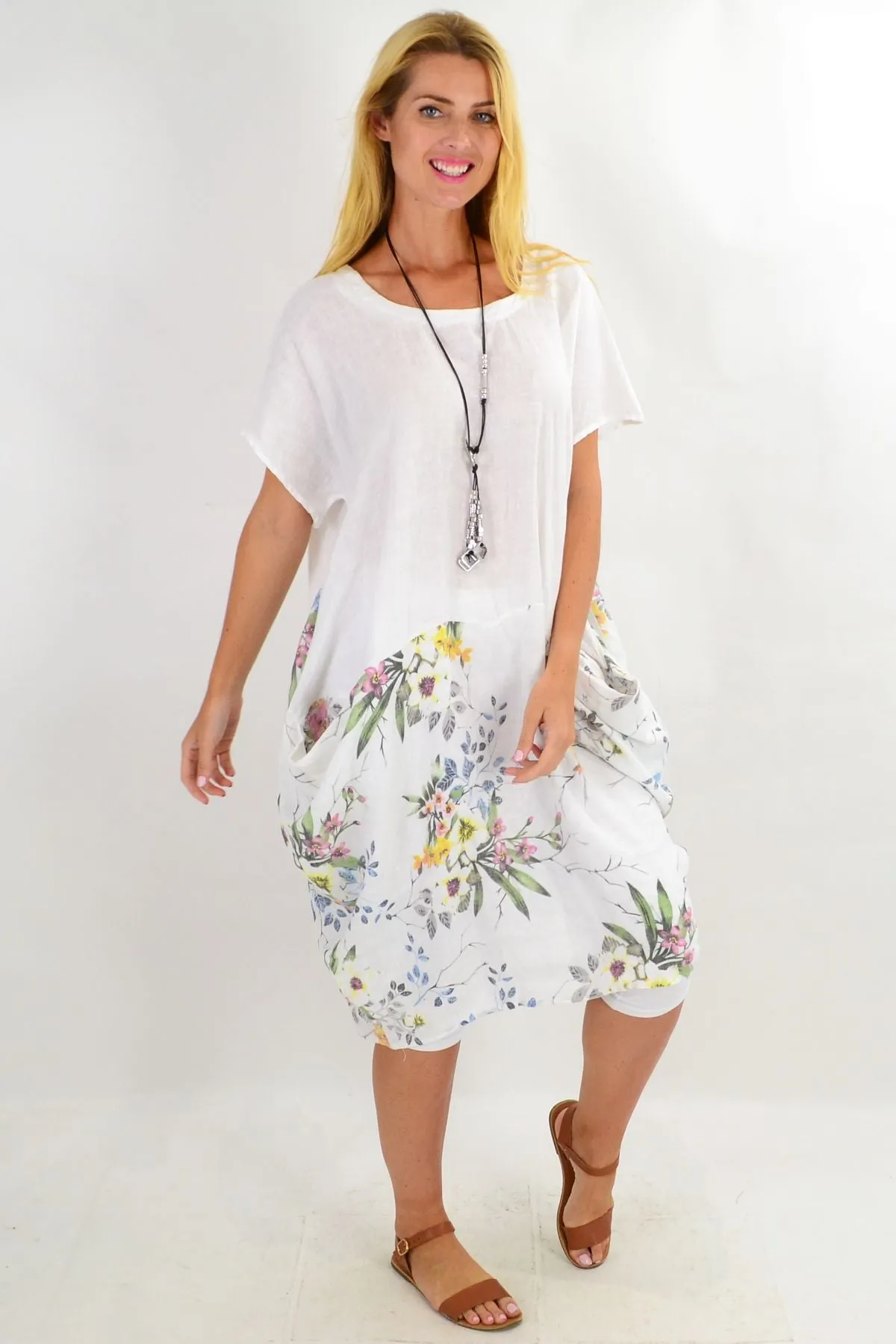 White Native Flower Sleeve Linen Tunic Dress